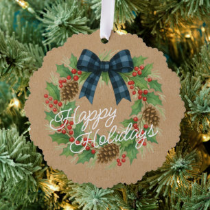 Rustic Holly Wreath Blue Black Checkered Bow Ornament Card