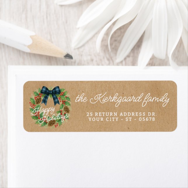 Rustic Holly Wreath Blue Black Chequered Bow (Insitu)