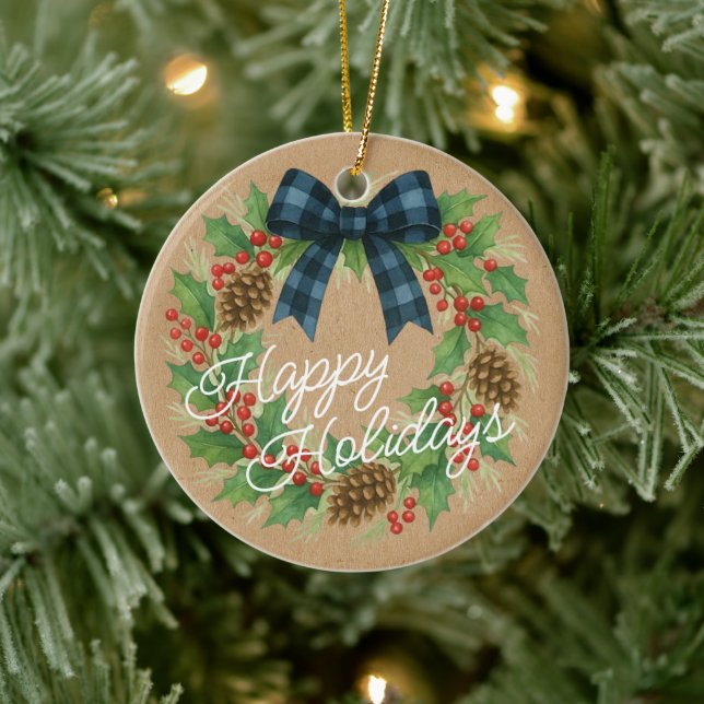 Rustic Holly Wreath Blue Black Chequered Bow Ceramic Ornament (Tree)