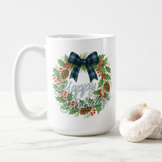 Rustic Holly Wreath Blue Black Chequered Bow Coffee Mug
