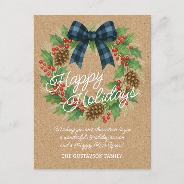 Rustic Holly Wreath Blue Black Chequered Bow Holiday Postcard (Front)