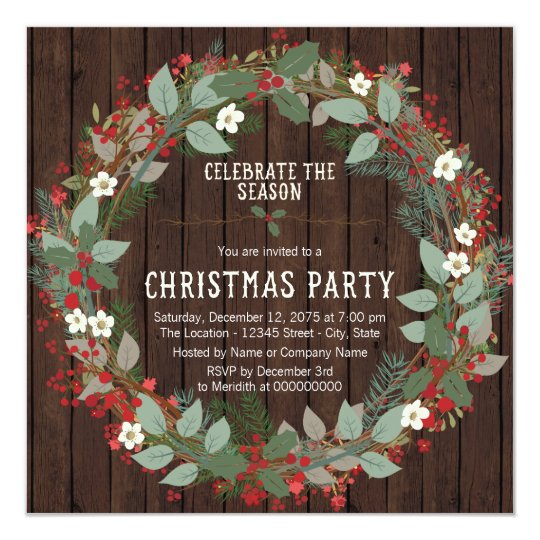 Rustic Holly Wreath Christmas Party Card