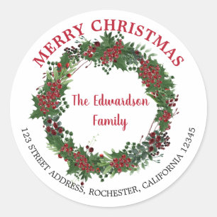 Rustic holly wreath Merry Christmas return address Classic Round Sticker