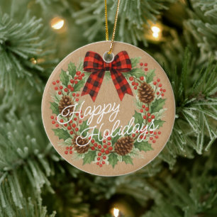 Rustic Holly Wreath Red Black Checkered Bow Ceramic Ornament