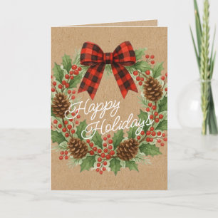 Rustic Holly Wreath Red Black Checkered Bow Holiday Card