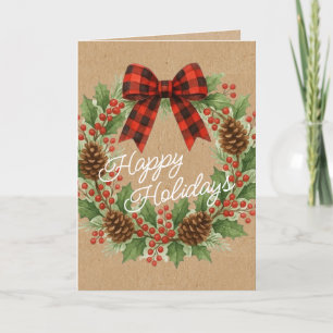 Rustic Holly Wreath Red Black Checkered Bow Holiday Card