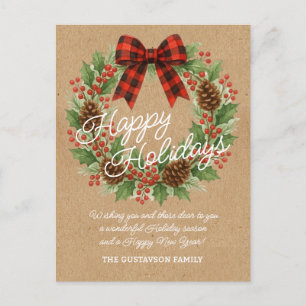 Rustic Holly Wreath Red Black Checkered Bow Holiday Postcard