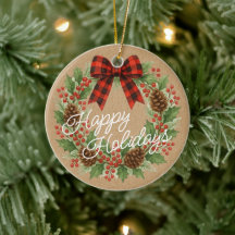 Rustic Holly Wreath Red Black Chequered Bow