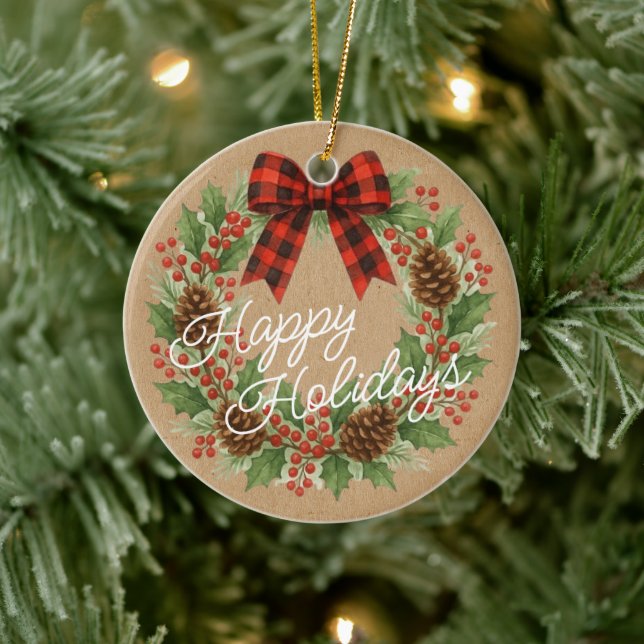 Rustic Holly Wreath Red Black Chequered Bow Ceramic Ornament (Tree)