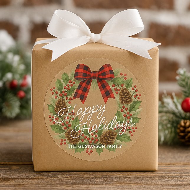 Rustic Holly Wreath Red Black Chequered Bow Classic Round Sticker (Creator Uploaded)