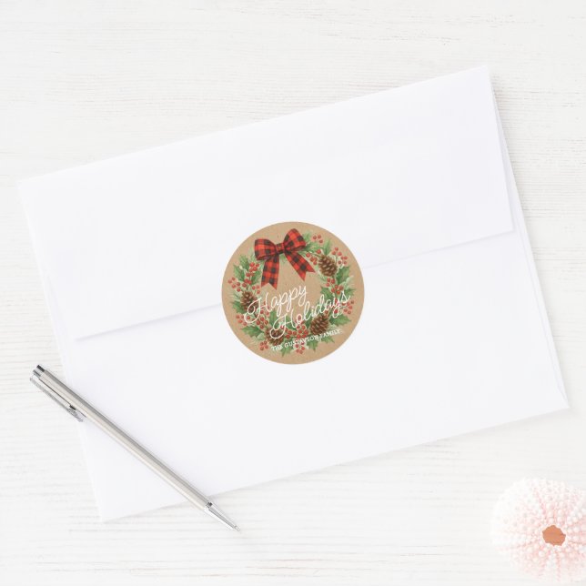 Rustic Holly Wreath Red Black Chequered Bow Classic Round Sticker (Envelope)