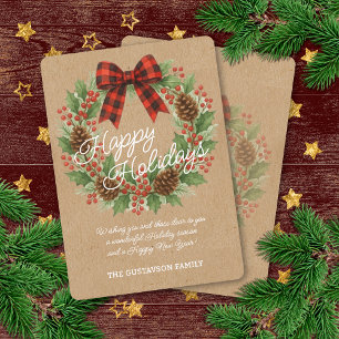 Rustic Holly Wreath Red Black Chequered Bow Holiday Card