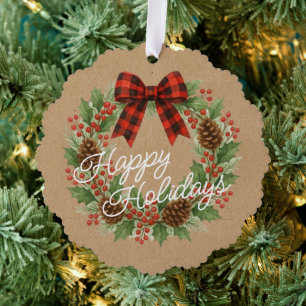 Rustic Holly Wreath Red Black Chequered Bow Ornament Card