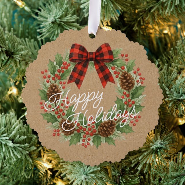 Rustic Holly Wreath Red Black Chequered Bow Ornament Card (Insitu (Tree))