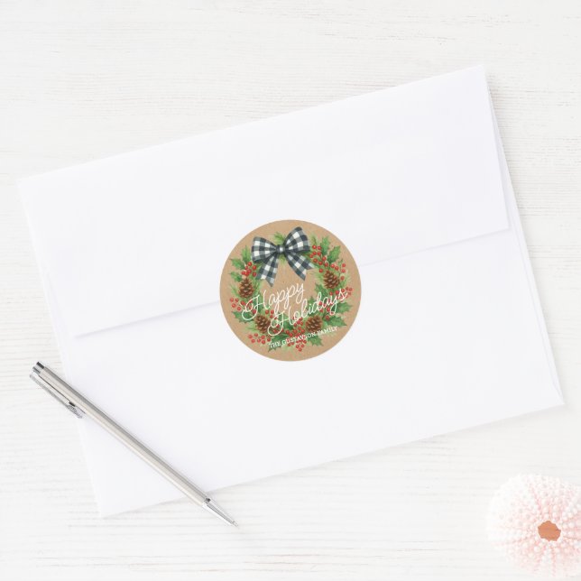 Rustic Holly Wreath White Black Chequered Bow Classic Round Sticker (Envelope)