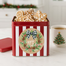 Rustic Holly Wreath White Black Chequered Bow