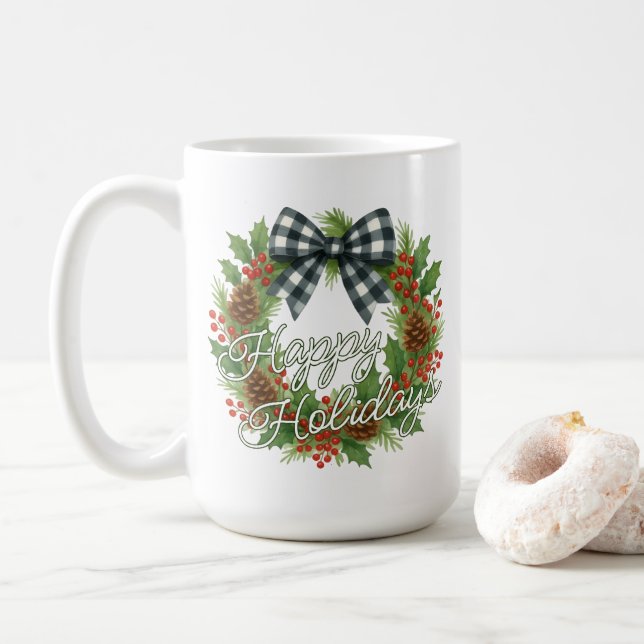 Rustic Holly Wreath White Black Chequered Bow Coffee Mug (With Donut)