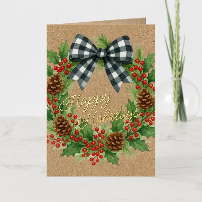Rustic Holly Wreath White Black Chequered Bow Gold Foil Holiday Card (Front)
