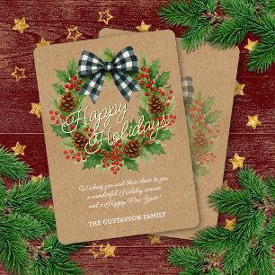 Rustic Holly Wreath White Black Chequered Bow Gold Foil Holiday Card