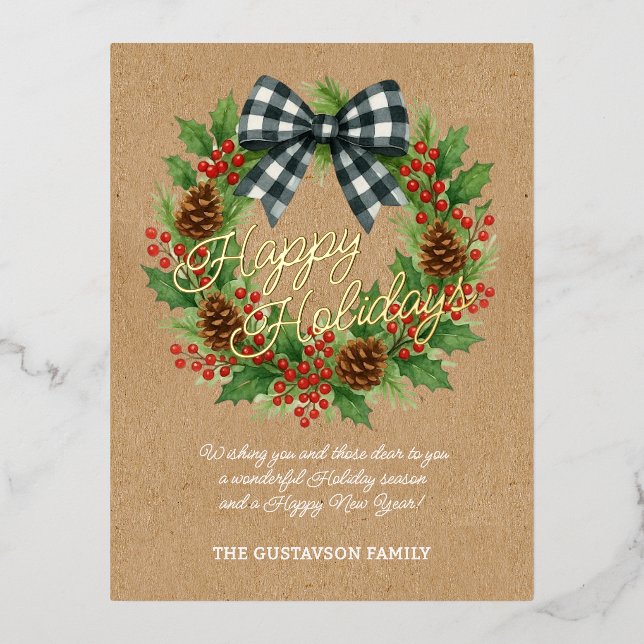 Rustic Holly Wreath White Black Chequered Bow Gold Foil Holiday Postcard (Front)