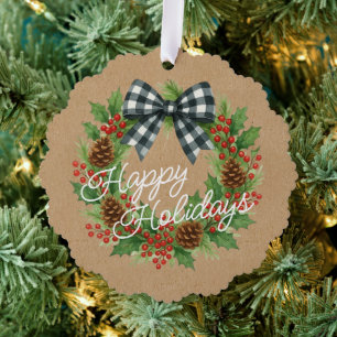 Rustic Holly Wreath White Black Chequered Bow Ornament Card