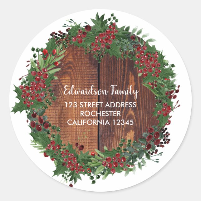 Rustic holly wreath wood return address classic round sticker (Front)