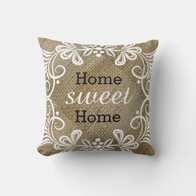 Rustic Home Sweet Home Burlap Throw Pillow (Front)