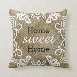 Rustic Home Sweet Home Burlap Throw Pillow