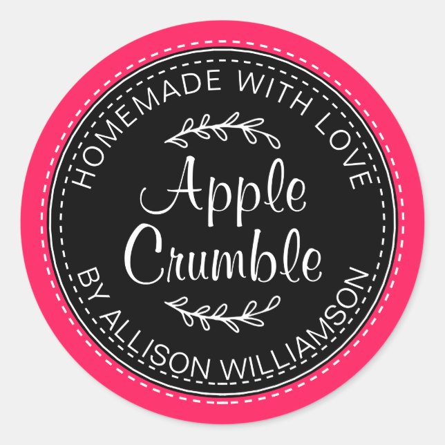 Rustic Homemade Apple Crumble Black & Diva Pink Classic Round Sticker (Front)