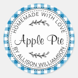 Rustic Homemade Apple Pie Blue Check Pattern Classic Round Sticker