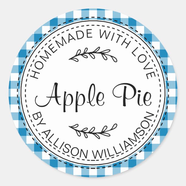 Rustic Homemade Apple Pie Blue Check Pattern Classic Round Sticker (Front)