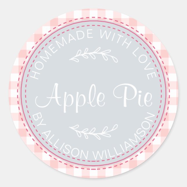 Rustic Homemade Apple Pie Blue Pink Check Pattern Classic Round Sticker (Front)