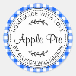 Rustic Homemade Apple Pie Bright Blue Check Classic Round Sticker