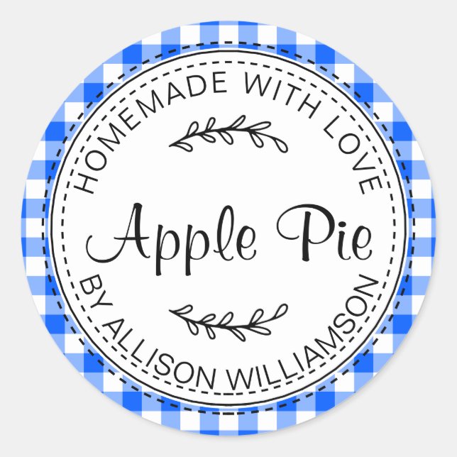 Rustic Homemade Apple Pie Bright Blue Check Classic Round Sticker (Front)