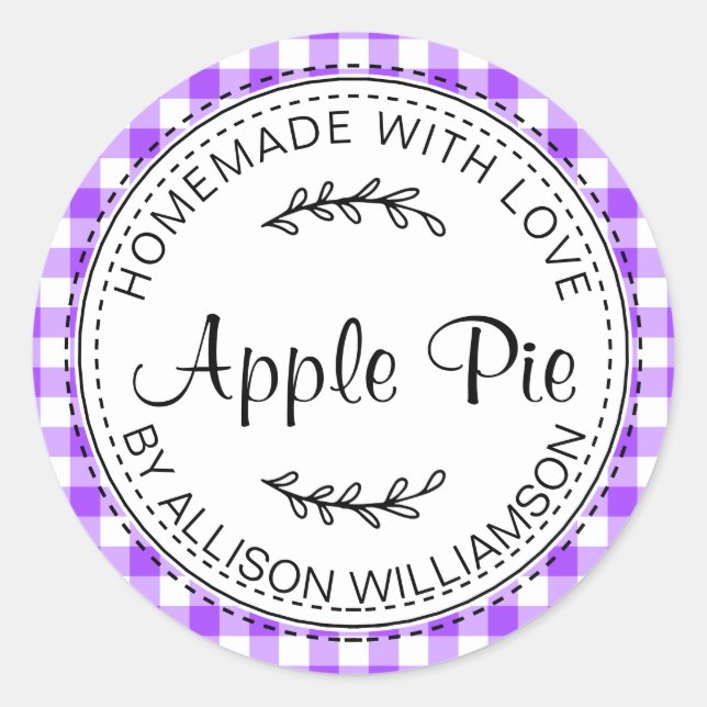 Rustic Homemade Apple Pie Bright Purple Check Classic Round Sticker (Front)