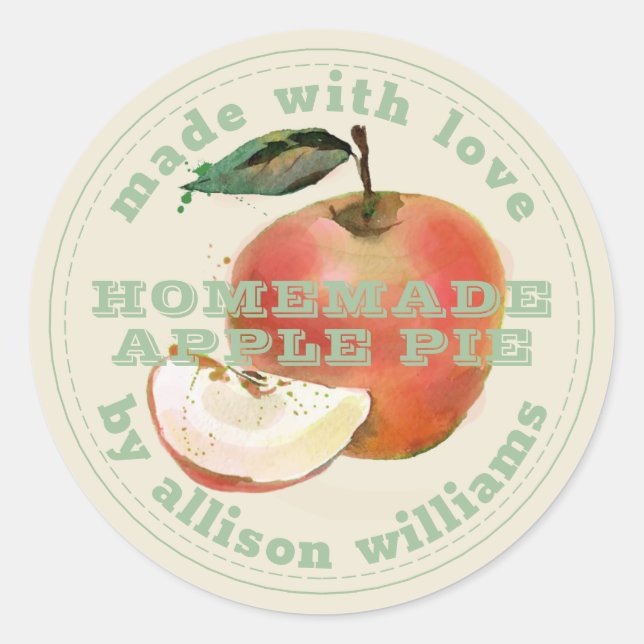 Rustic Homemade Apple Pie Green Antique White Classic Round Sticker (Front)