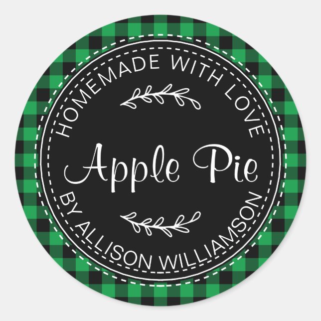 Rustic Homemade Apple Pie Green Black Plaid Classic Round Sticker (Front)