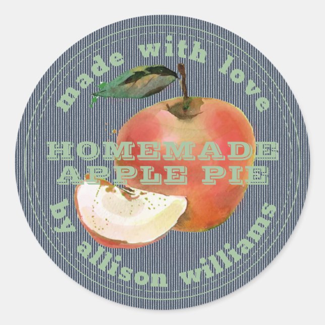 Rustic Homemade Apple Pie Green Blue Classic Round Sticker (Front)