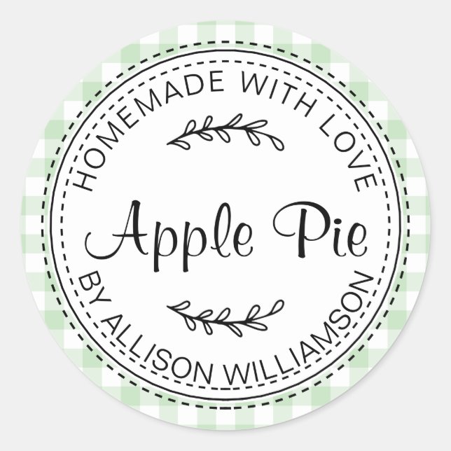 Rustic Homemade Apple Pie Green Check Classic Round Sticker (Front)