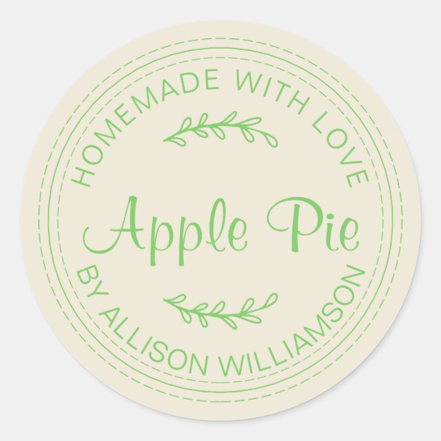 Rustic Homemade Apple Pie Mellow Green Script Classic Round Sticker (Front)