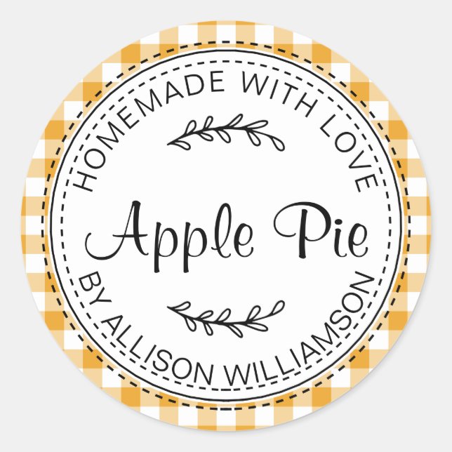 Rustic Homemade Apple Pie Mellow Yellow Check Classic Round Sticker (Front)