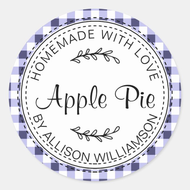 Rustic Homemade Apple Pie Navy Blue Check Classic Round Sticker (Front)