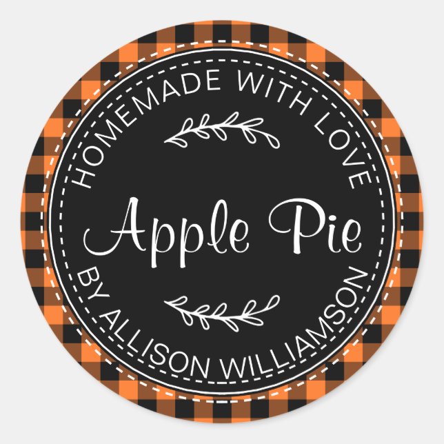 Rustic Homemade Apple Pie Orange Black Plaid Classic Round Sticker (Front)