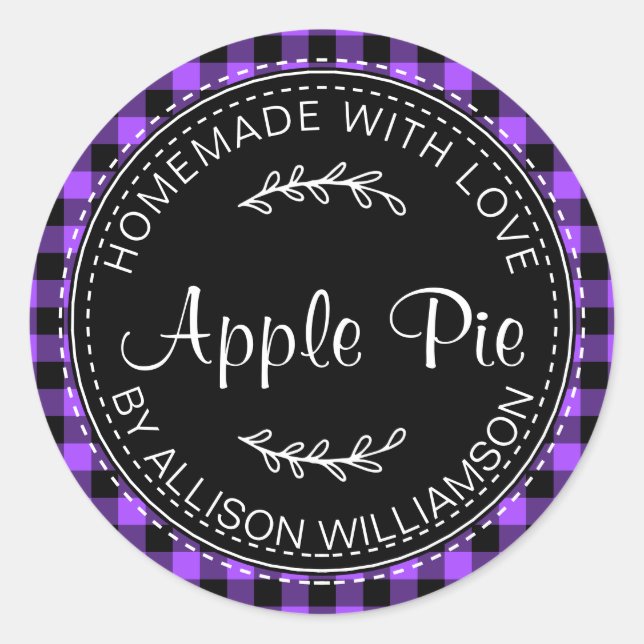 Rustic Homemade Apple Pie Purple Black Plaid Classic Round Sticker (Front)
