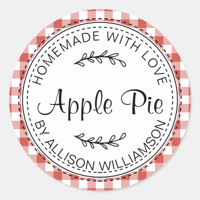 Rustic Homemade Apple Pie Red Check Classic Round Sticker (Front)