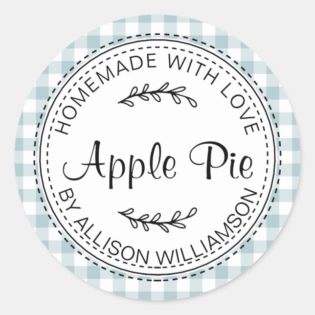 Rustic Homemade Baked Goods Apple Pie Blue Check Classic Round Sticker (Front)