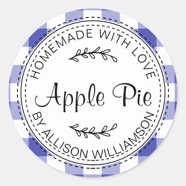 Rustic Homemade Baked Goods Apple Pie Blue Check Classic Round Sticker (Front)