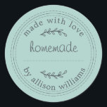 Rustic Homemade Baked Goods Jam Can Pastel Blue Classic Round Sticker<br><div class="desc">Rustic homemade baked goods or jam canning sticker with the text homemade, made with love and your name in modern typography on a pastel blue background. Simply add your name to the label. You can write the product names on the stickers when the products are made. Exclusively designed for you...</div>
