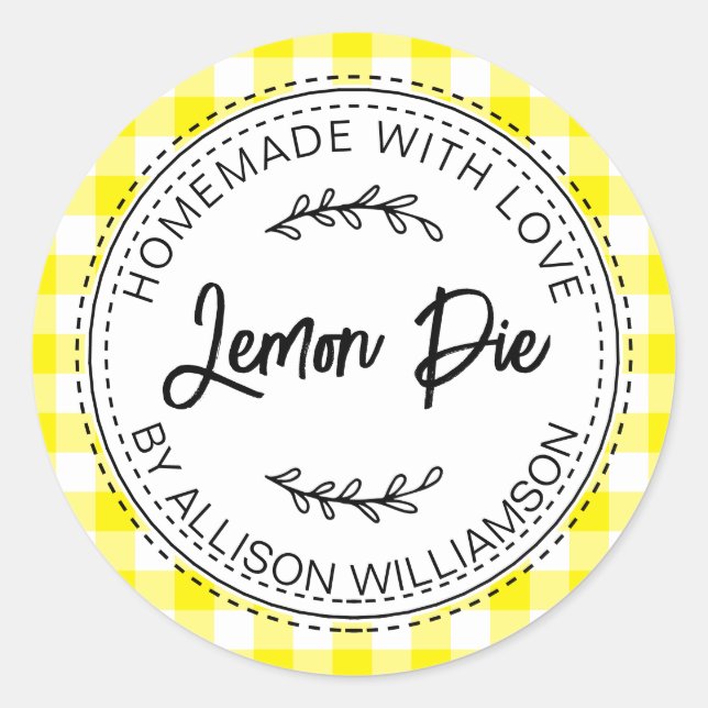 Rustic Homemade Baked Goods Lemon Pie Yellow Check Classic Round Sticker (Front)