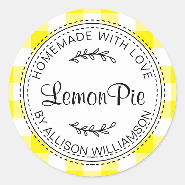 Rustic Homemade Baked Goods Lemon Pie Yellow Check Classic Round Sticker (Front)